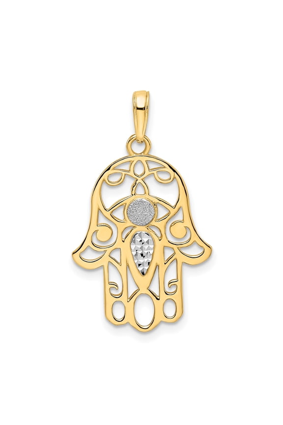 14k Yellow and Rhodium Gold Hamsa Hand Pendant for Women, Openwork Textured Amulet Symbolizing Protection, Luck, Strength, Spiritual Middle Eastern Jewelry