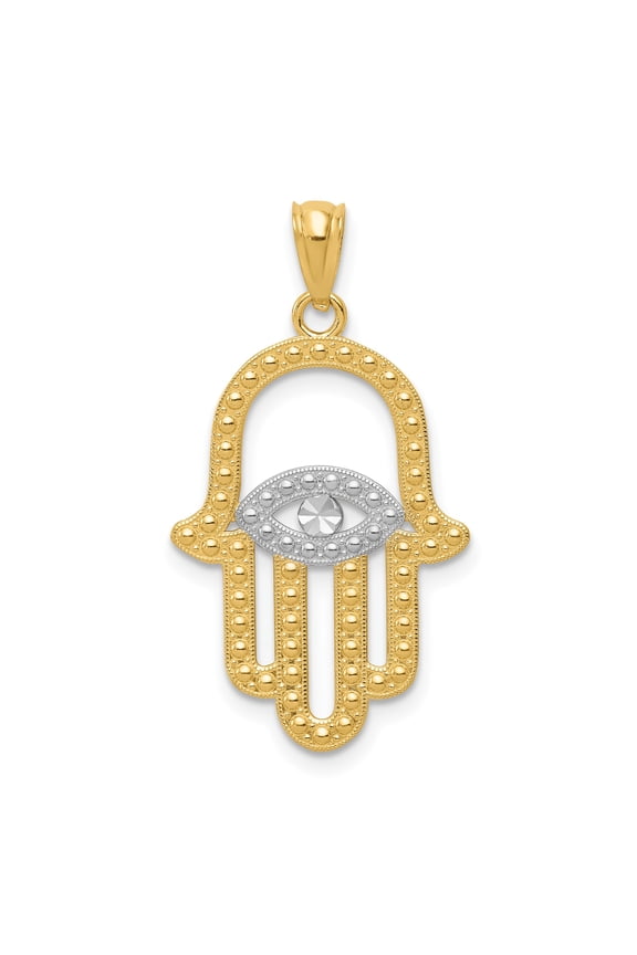 14k Yellow and Rhodium Gold Hamsa Pendant with Evil Eye Symbol, Unisex Religious Amulet Necklace for Protection, Spiritual Middle Eastern Talisman Jewelry for Men and Women
