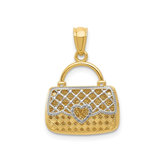 14k Yellow and Rhodium Gold Handbag Pendant for Women, Quilted Purse Design with Heart, Polished Feminine Fashion Charm for Necklace, Jewelry Accessory