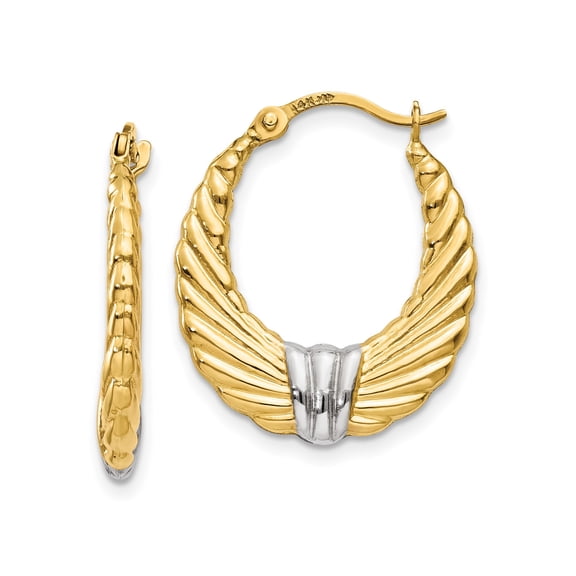 14k Yellow Gold Feather Wing Hoop Earrings, Textured Two-Tone for Women