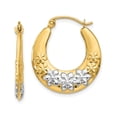 thumbnail image 1 of 14k Yellow and Rhodium Gold Hoop Earrings for Women, Two-Tone Polished Flower Design, Embossed Floral Motif, Classic Feminine Style, Lightweight Fashion Jewelry, 1 of 6