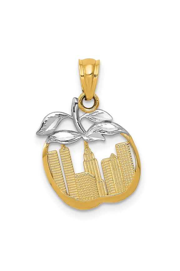 14k Yellow and Rhodium Gold Pendant with New York City Skyline, Apple Outline Design, Unisex Urban Necklace, Manhattan Cityscape Symbolic Jewelry for Men and Women