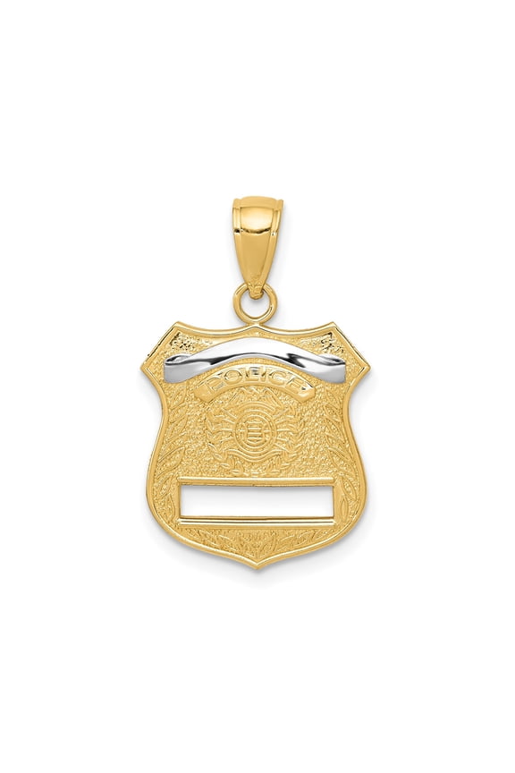 14k Yellow and Rhodium Gold Police Badge Pendant for Men, Shield Necklace with Laurel Emblem, Honor Service Protection Charm, Engravable Law Enforcement Jewelry
