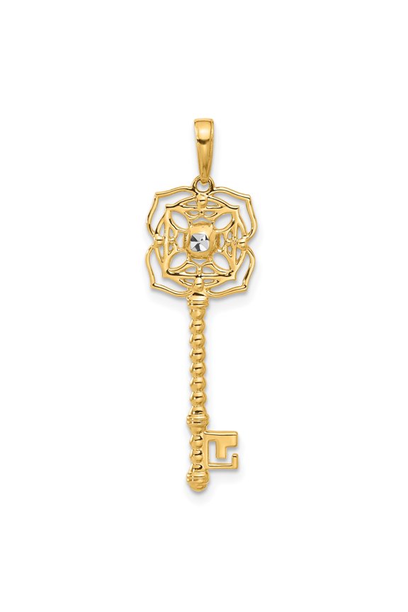 14k Yellow and Rhodium Two-Tone Gold Key Pendant for Women, Ornate Floral Filigree Symbolic Necklace, Fine Vintage Style Jewelry, Elegant Gold Charm for New Beginnings