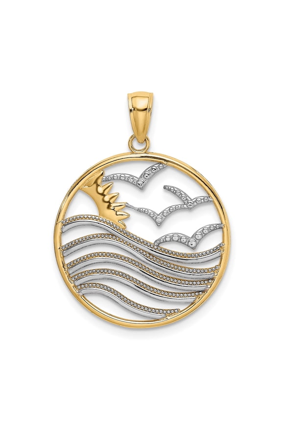 14k Yellow and Rhodium Two-Tone Gold Round Pendant for Women with Ocean Scene, Waves, Birds, Sunrise Symbolizing Peace, Nature and Coastal Style Jewelry for Everyday Wear