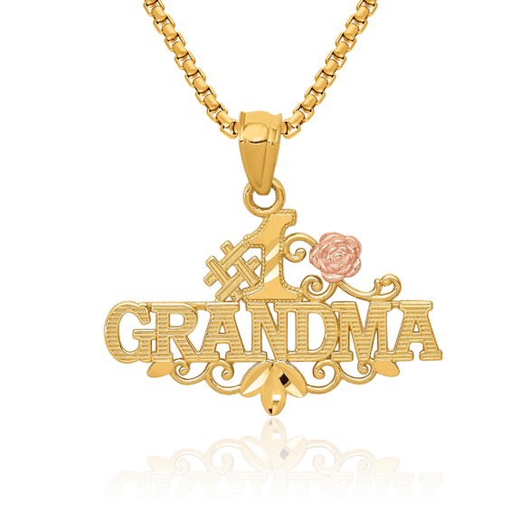 14K Solid Yellow Gold Rose Best Grandma Necklace Nana Charm Grandmother Pendant