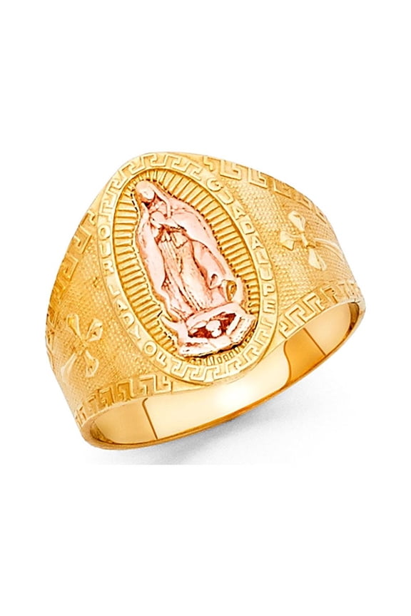 14k Yellow Rose Gold Big Lady Of Guadalupe Cross Band Ring Oval Diamond Cut Two Tone 15MM, Size 7