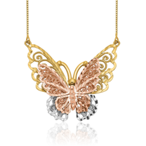 14K Solid Yellow Rose Pink Gold Butterfly Wings Chain Necklace