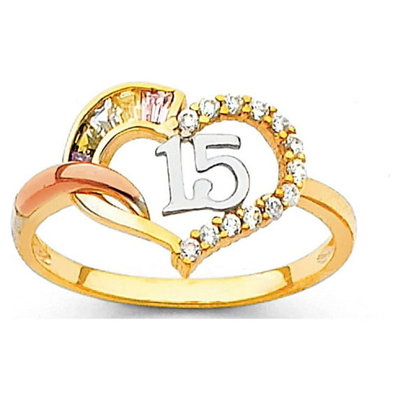 14k Yellow Rose Gold CZ Heart 15 Ring Quinceanera Band Love Stylish Multi Color CZ Fancy Size 5