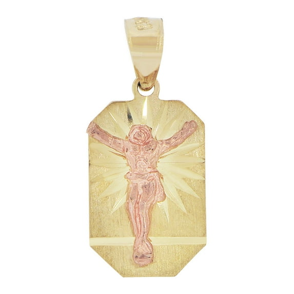 14k Yellow & Rose Gold, Christ Jesus Crucifixion Religious Pendant Octagon Charm 11mm with 18" Dainty Neck Chain