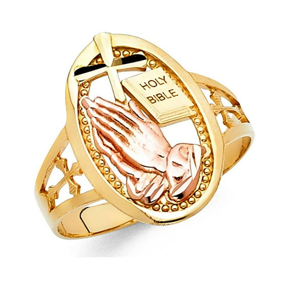 14k Yellow Rose Gold Cross Holy Bible Praying Hands Ring Oval Religious Charm Band Solid 18MM, Size 6.5