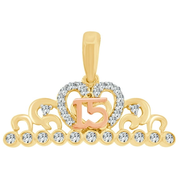 14k Yellow & Rose Gold, Crown Tiara 15 Quinceanera Pendant Charm Created CZ Crystals 18mm NO Necklace