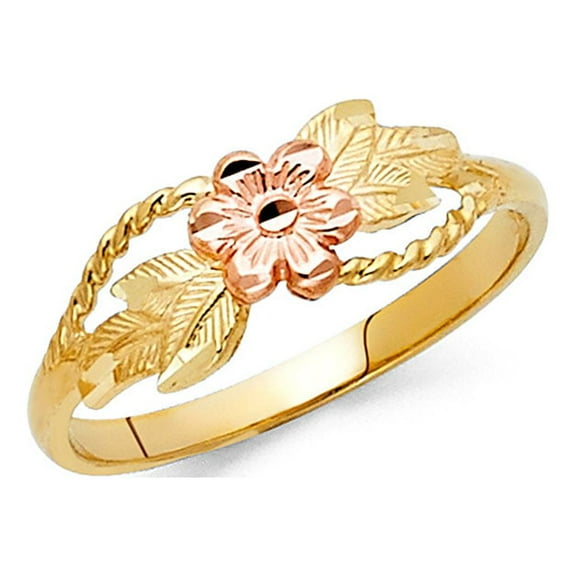 14k Yellow & Rose Gold Flower Ring Fancy Floral Band Polished Finish Genuine Solid Two Tone 6MM Size 7