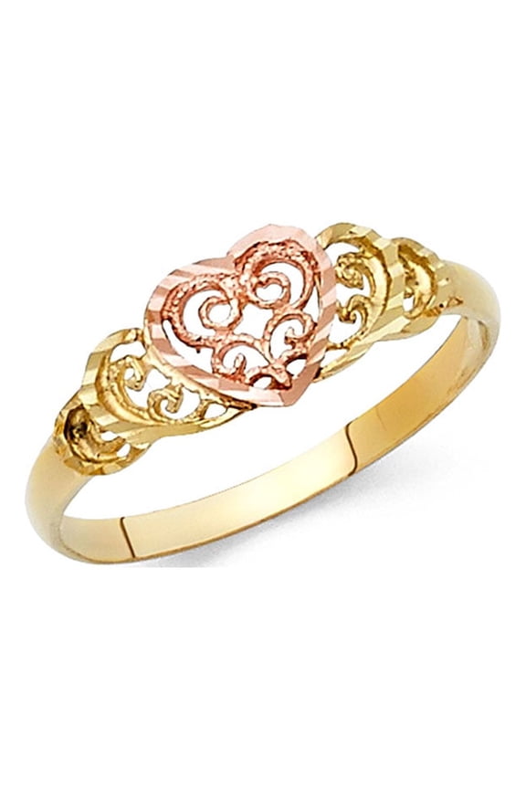 14k Yellow Rose Gold Heart Ring Love Band Filigree Style Diamond Cut Polished Two Tone 7MM Size 9