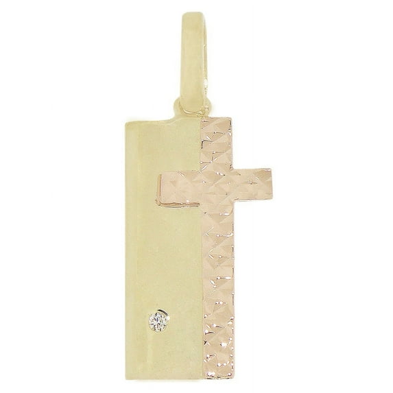 14k Yellow & Rose Gold, Modern Cross Pendant Religious Medal Charm Created CZ Crystal 10mm