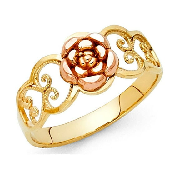 14k Yellow Rose Gold Rose Fashion Ring Fancy Flower Band Polished Filigree Design Two Tone 8MM, Size 9