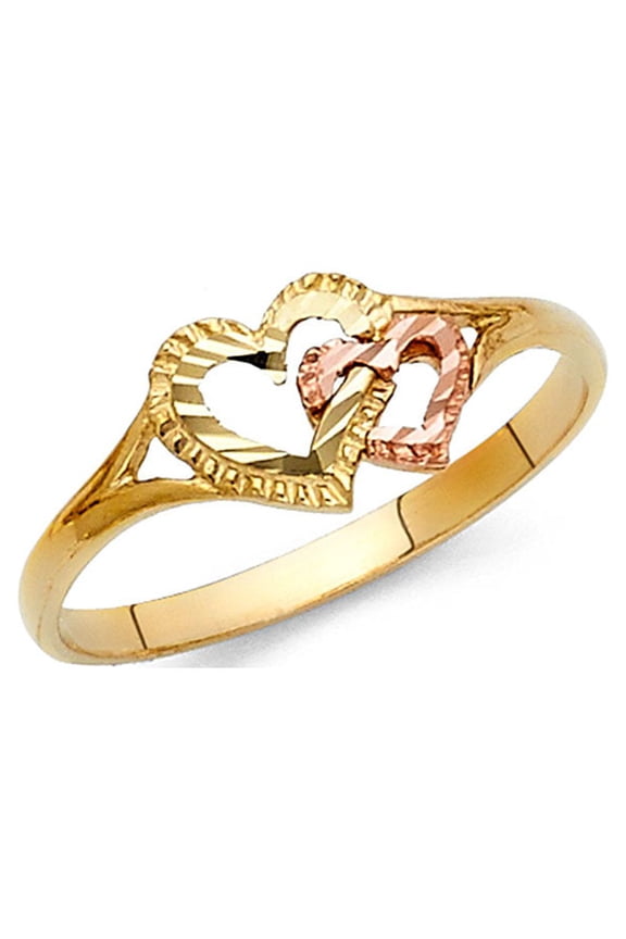 14k Yellow & Rose Gold Two Hearts Ring Love Band Two Hearts Together Polished Two Tone 7MM, Size 7