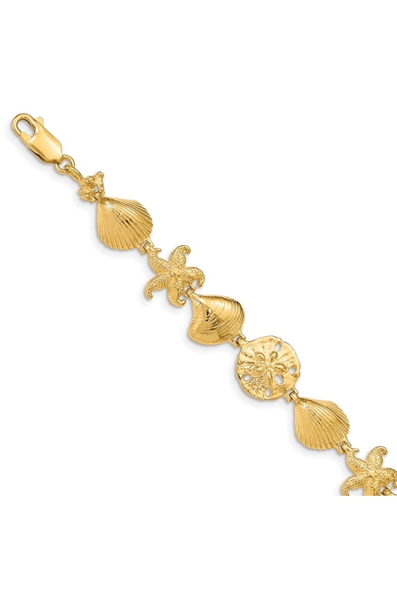 14k Yellow Solid Gold Starfish, Sand Dollar and Shell Bracelet