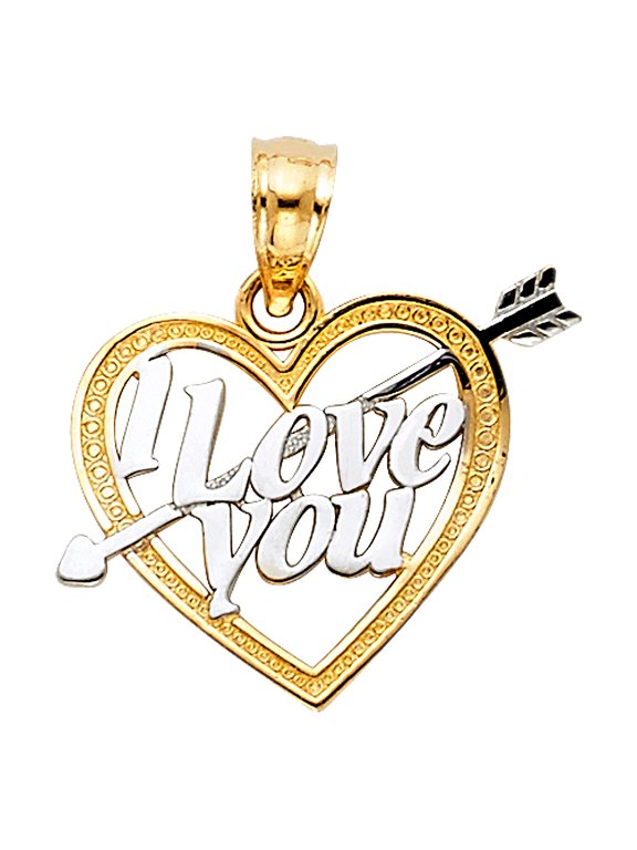14k Yellow & White Gold Cupid's Arrow I Love You Heart Pendant True Love Charm Jewelry Female Unisex