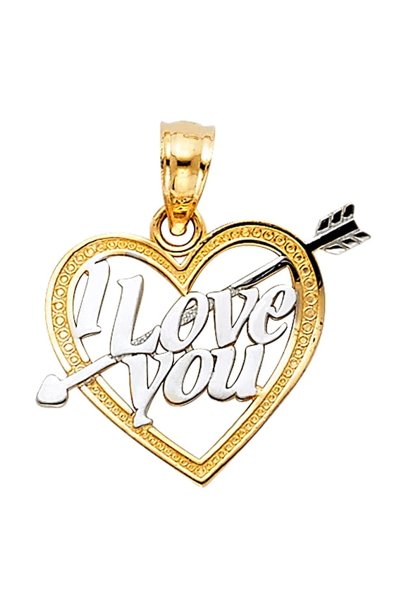 14k Yellow & White Gold Cupid's Arrow I Love You Heart Pendant True Love Charm Jewelry Female Unisex