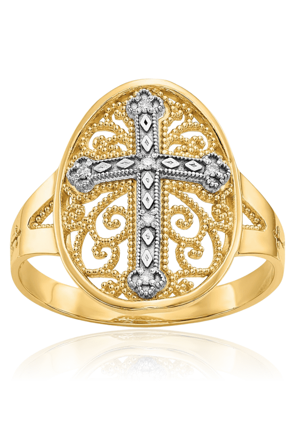 14K Solid Yellow White Gold Diamond Antique Filigree Holy Cross Ring Christian Religious Band