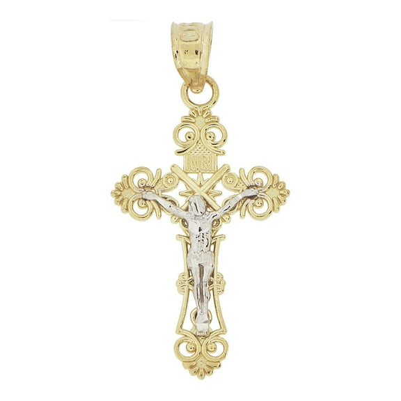 14k Yellow & White Gold, Fancy Cross Jesus Christ Crucifix Pendant Religious Charm 21mm NO Necklace