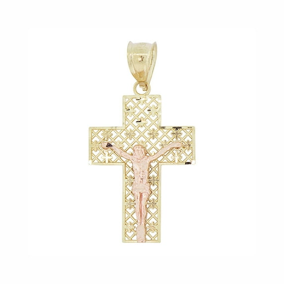 14k Yellow & White Gold, Fancy Filigree Cross Jesus Christ Crucifix Pendant Religious Charm 18mm NO Necklace