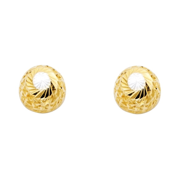 14k Yellow White Gold Half Ball Stud Earrings Round Diamond Cut Studs Two Tone Fancy 9.5 x 9 mm