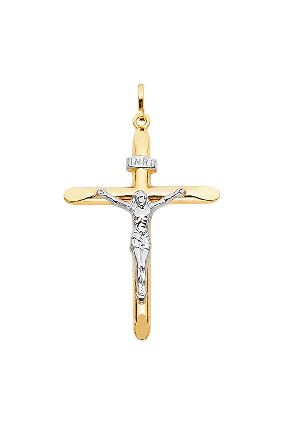 14k Yellow & White Gold INRI Crucifix Pendant Jesus Confirmation Communion Charm Jewelry Female