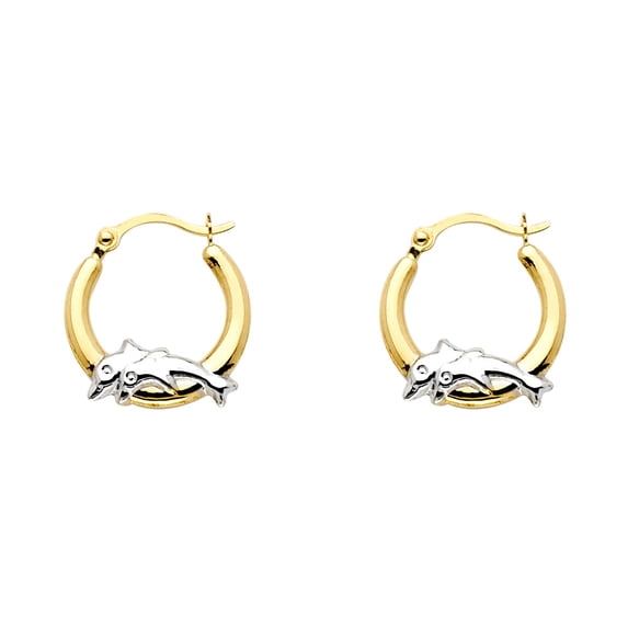 14k Yellow White Gold Round Dolphin Hoop Earrings Polished French Lock Genuine Two Tone 13 x 13 mm