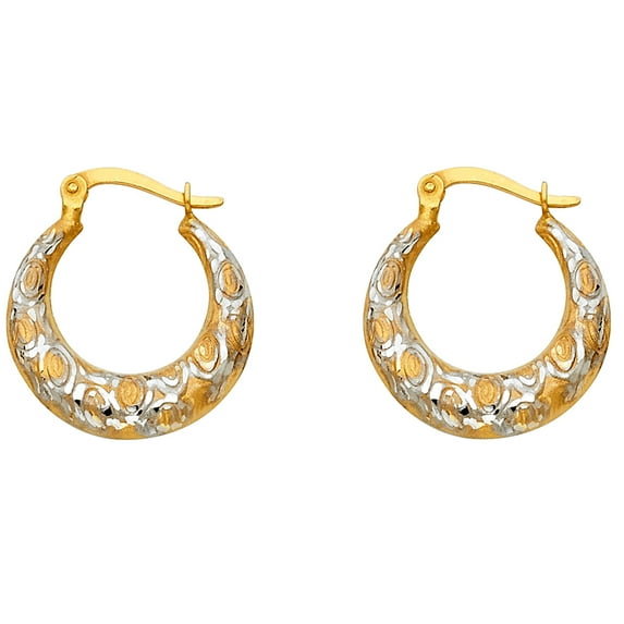 14k Yellow White Gold Shrimp Hoop Earrings Round Fancy French Lock Design Two Tone 20 x 20 mm