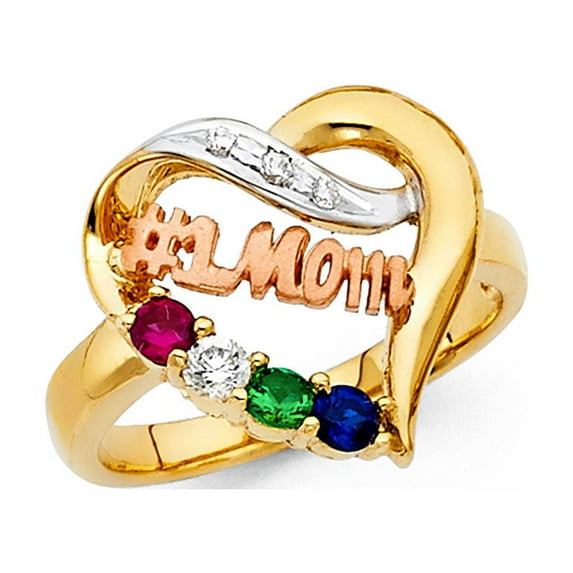 14k Yellow White Rose Gold #1 Mom Heart Ring Mothers Day Love Band Multi Color CZ Stylish Size 6