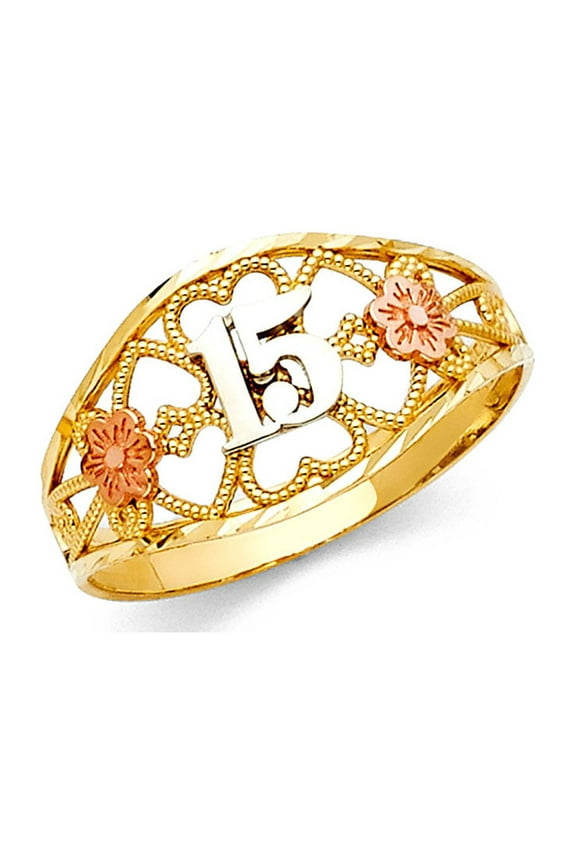 14k Yellow White Rose Gold 15 Birthday Hearts & Flower Ring Quinceanera Tapered Band 11MM, Size 6