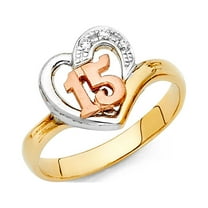 14k Yellow White Rose Gold 15 Birthday Ring Heart Quinceanera Band CZ Curve Style Fancy Size 7