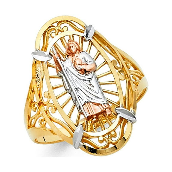 14k Yellow White Rose Gold Big Oval Jesus Ring Solid Religious Charm Band Filigree Design 22MM, Size 5.5