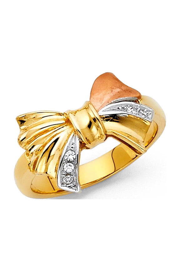 14k Yellow White Rose Gold Bowtie Ring CZ Ribbon Band Fashion Satin Polished Tri Color Size 7
