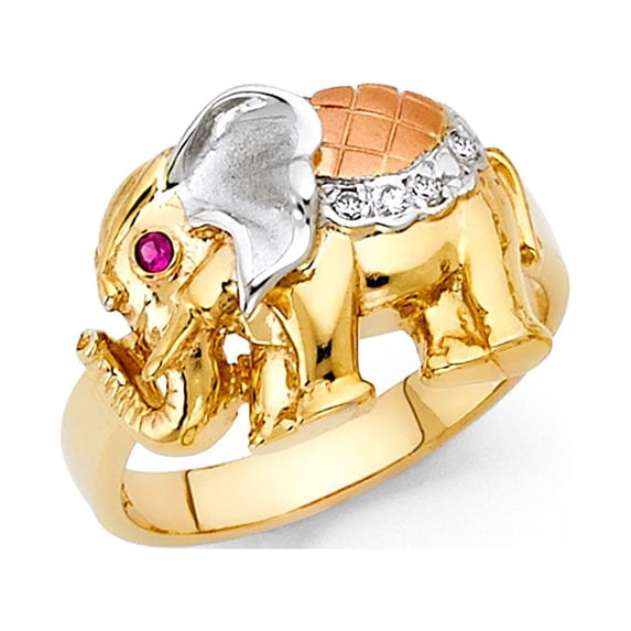 14k Yellow White Rose Gold CZ Elephant Ring Good Luck Band Satin & Polished Finish Fancy Size 5.5