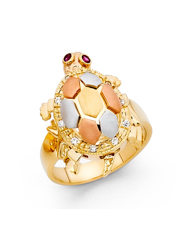 14k Yellow White Rose Gold CZ Turtle Ring Good Luck Band Satin & Polished Finish Tri Color Size 7
