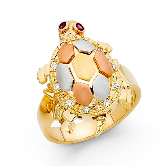 14k Yellow White Rose Gold CZ Turtle Ring Good Luck Band Satin & Polished Finish Tri Color Size 8