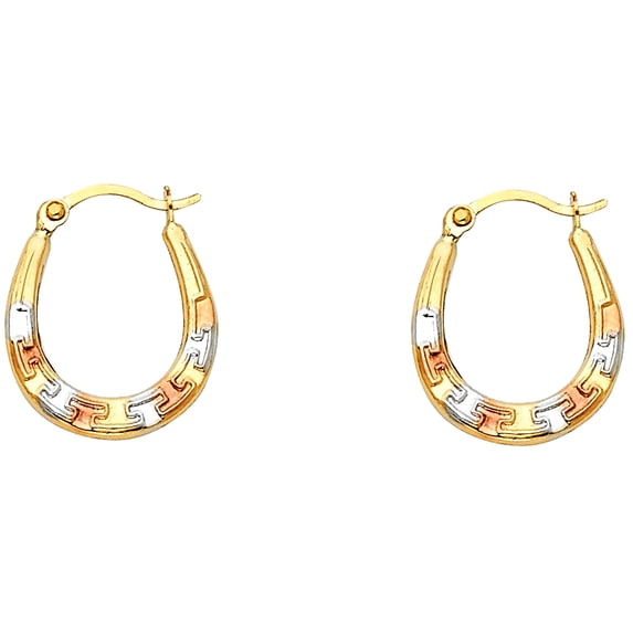 14k Yellow White Rose Gold Fancy Greek Design Hollow Hoop Earrings Diamond Cut Genuine 17mm x 14mm
