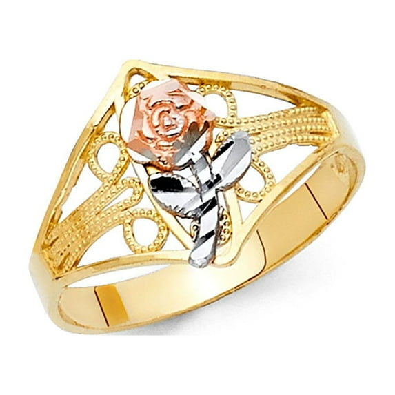 14k Yellow White Rose Gold Fancy Rose Flower Ring Curved Band Diamond Cut Tri Color 12MM, Size 7.5