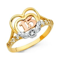 14k Yellow White Rose Gold Heart 15 Quince Ring Quinceanera Band CZ Flower Polished Fancy Size 7