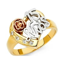 14k Yellow White Rose Gold Heart CZ 15 Anos Ring Quinceanera Band Rose CZ Fancy Tri Color Size 7