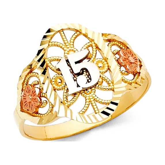 14k Yellow White Rose Gold Oval 15 Quinceanera Ring Flowers & Hearts Diamond Cut Tri Color 16MM, Size 5