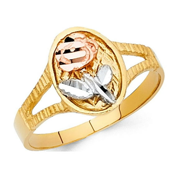 14k Yellow White Rose Gold Oval Rose Flower Ring Floral Band Polished Solid Tri Color 10MM, Size 7.5
