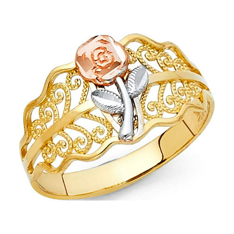 14k Yellow White Rose Gold Rose Ring Wavy Flower Band Fancy Design Diamond Cut Solid 11MM Size 6.5