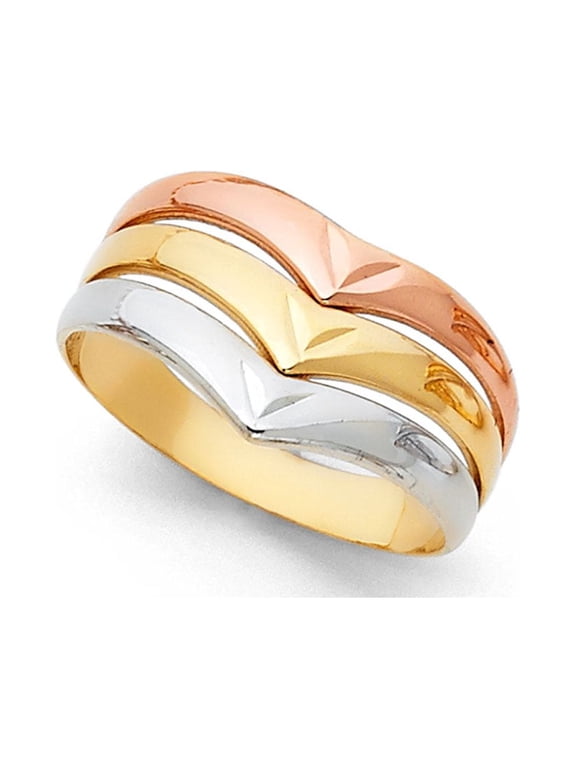 14k Yellow White Rose Gold Three Band Semanario Ring Satin Finish Diamond Cut Tri Color 10MM, Size 5