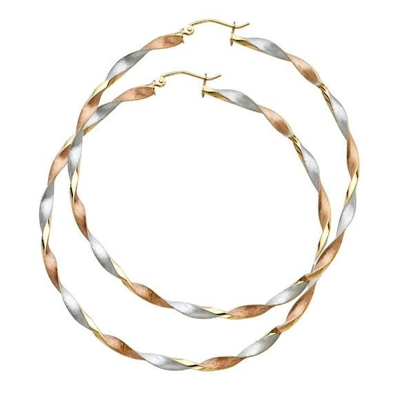 14k Yellow White Rose Gold Tricolor Hollow Curled Hoop Earrings French Lock Round Fancy 65mm x 3mm