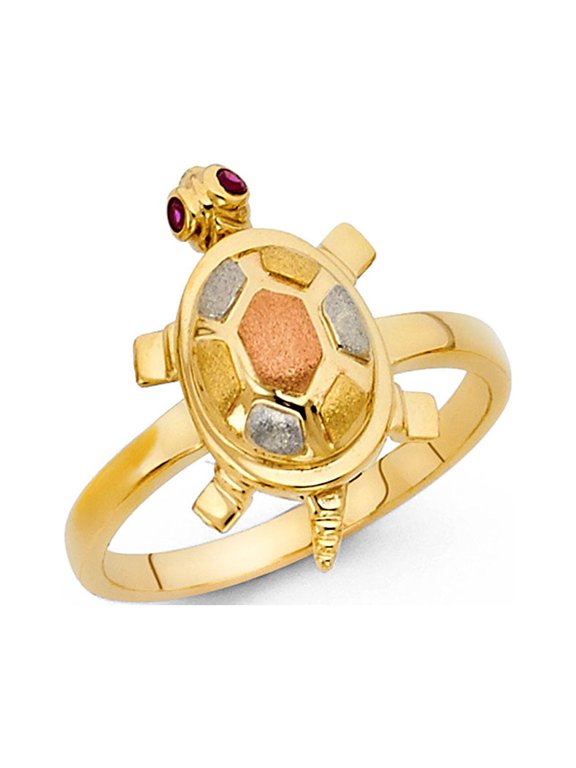 14k Yellow White Rose Gold Turtle Ring CZ Good Luck Charm Band Polished Finish Tri Color Size 5