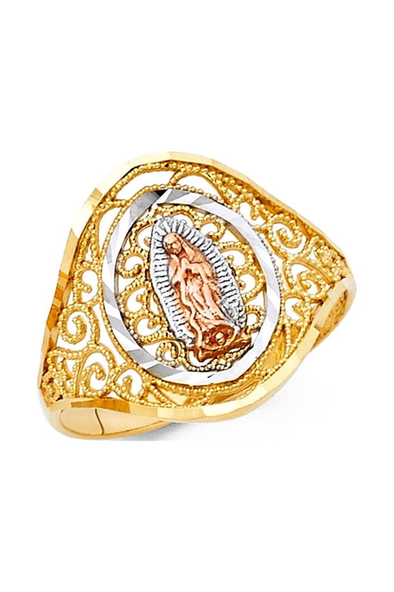 14k Yellow White Rose Gold Virgin Mary Ring Lady Guadalupe Tapered Band Filigree Style 16MM, Size 6